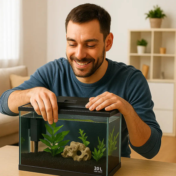 Smiling man setting up a small 20-litre aquarium with plants and rock decorations in a modern home