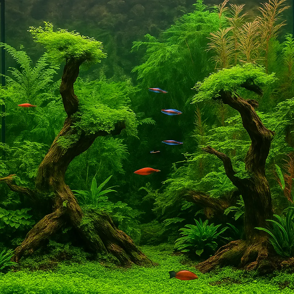 Heavily planted aquascape with twisted driftwood, lush greenery, and small tropical fish swimming through the scene