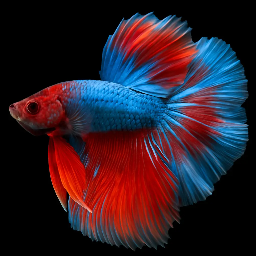 Close-up of a red and blue Betta fish with flowing fins on a black background