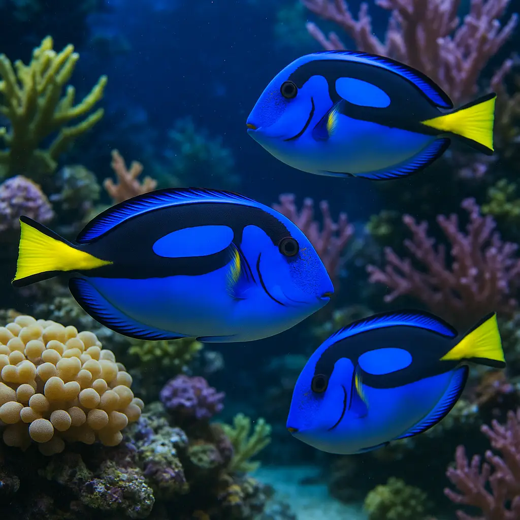 Three blue tang fish swimming in a vibrant coral reef aquarium