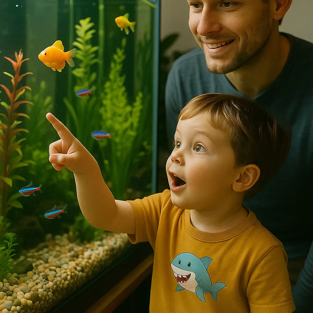 Excited young boy pointing at a goldfish in a home aquarium, with an adult smiling beside him