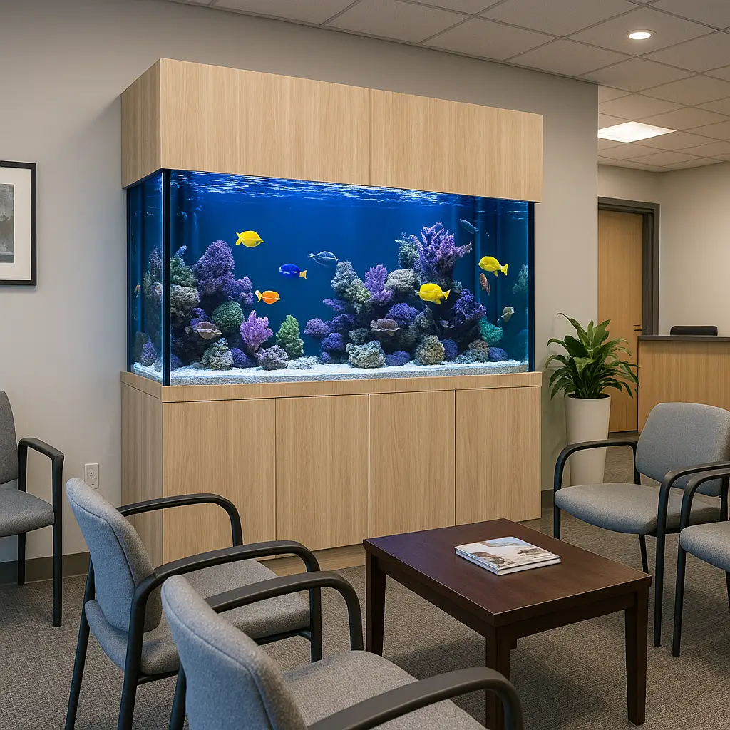 Clean and professional customer waiting area with beautiful aquarium