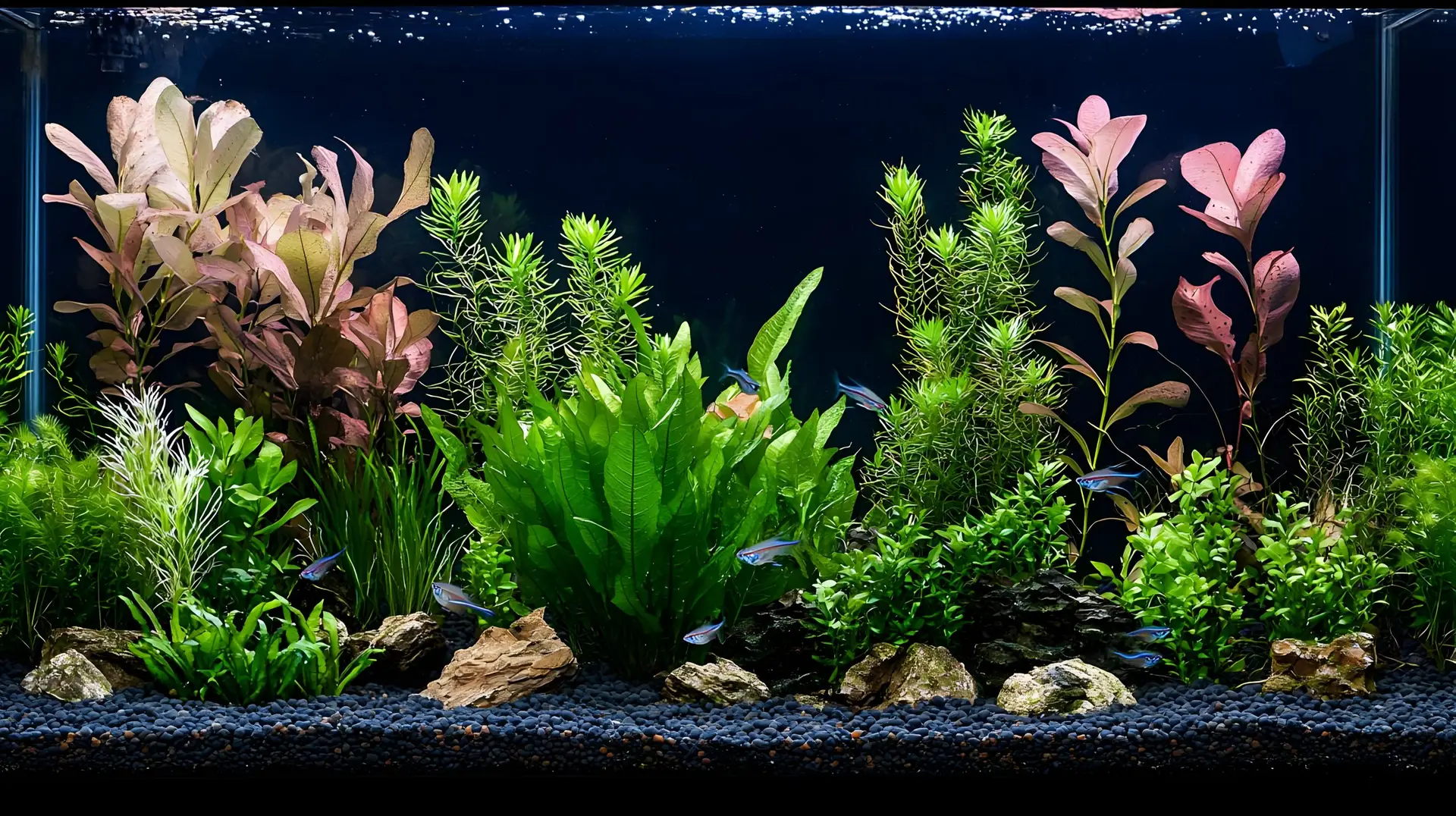 Tropical freshwater aquarium with dense aquatic plants, rockscape, and small schooling fish