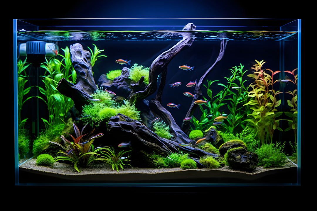freshwater planted aquarium with wood
