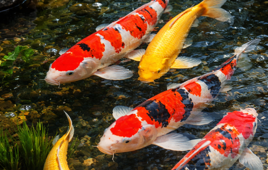 Colourful koi carp swimming in a clear garden pond with aquatic plants and stones.
