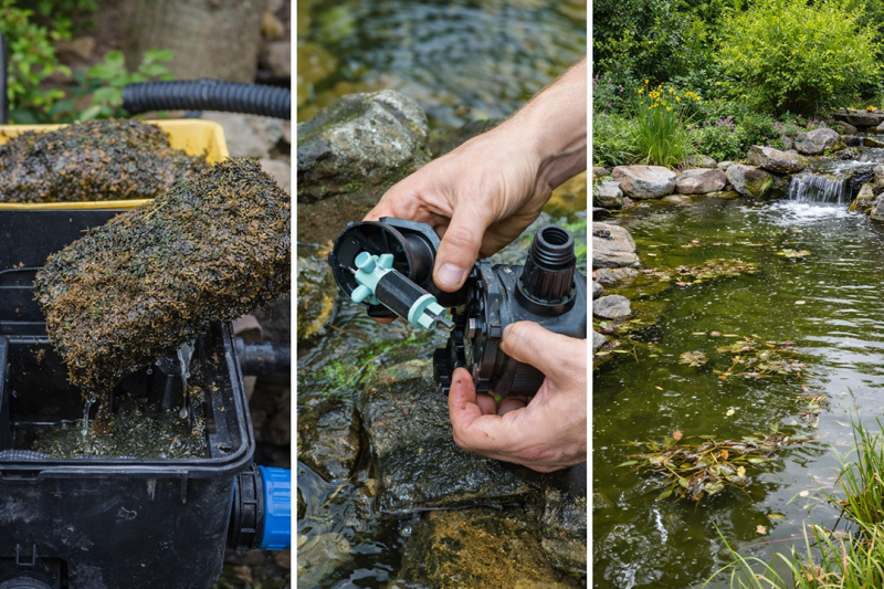 Cleaning pond filter and pump with dirty sponge and maintenance in garden pond