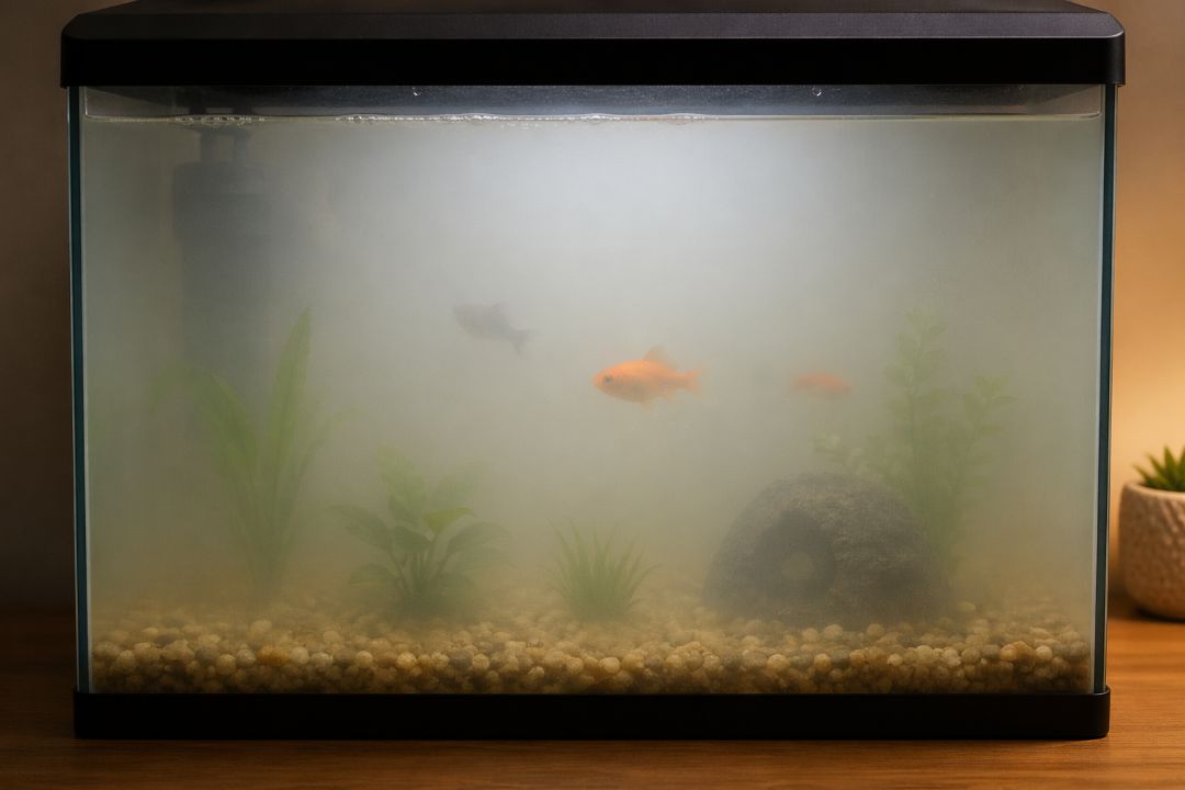Cloudy aquarium water in a small home fish tank showing poor water clarity and visibility