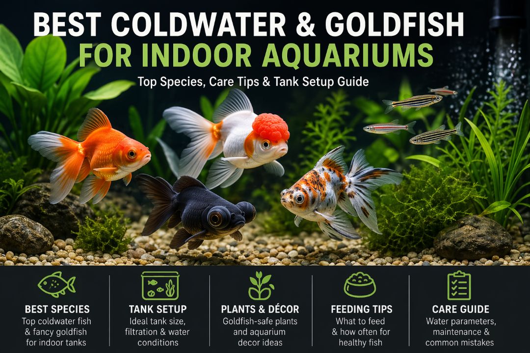 Coldwater goldfish indoor aquarium with fancy goldfish species including fantail, oranda and black moor in a planted tank