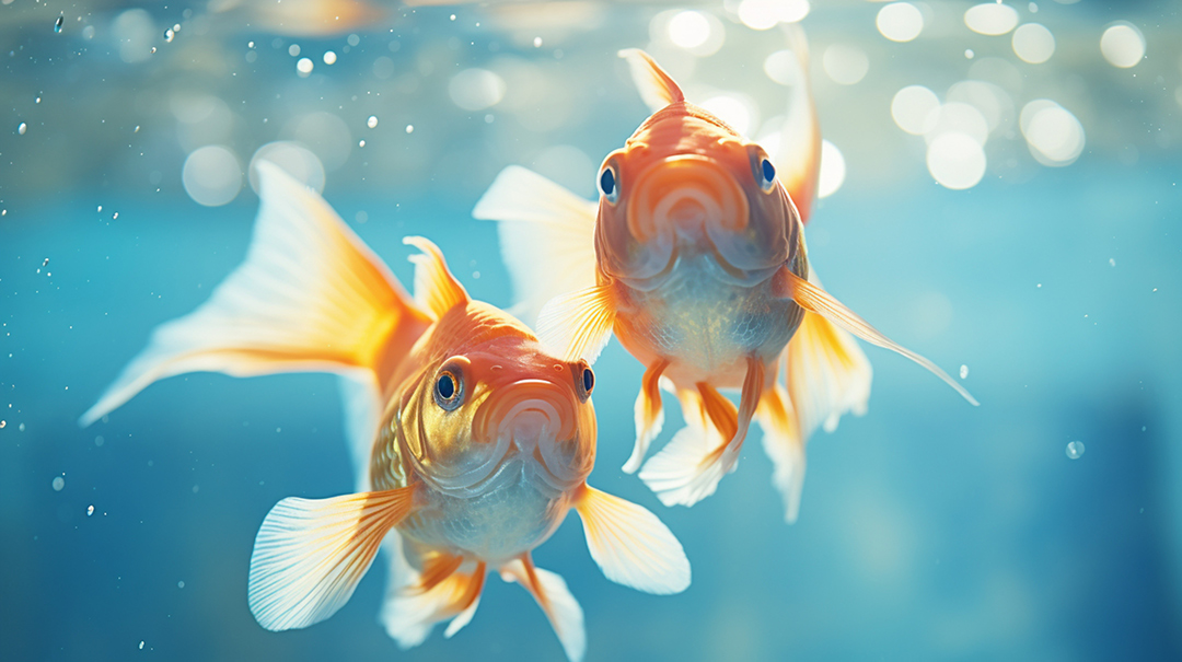 Two goldfish swimming in clear aquarium water with soft lighting and bubbles